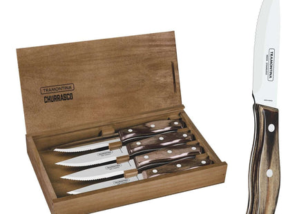 Tramontina Dishwasher-safe Wooden Handle 4 Pcs. Steak Knife Set in Wooden Box