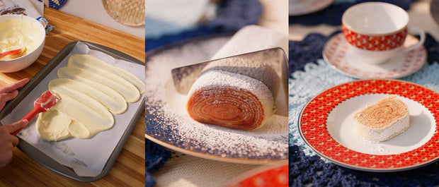 Thin slices of Brazilian bolo de rolo with guava filling beside the rolling process