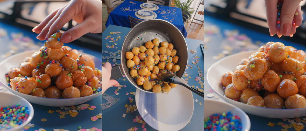 Italian struffoli coated in honey and decorated with colourful sprinkles
