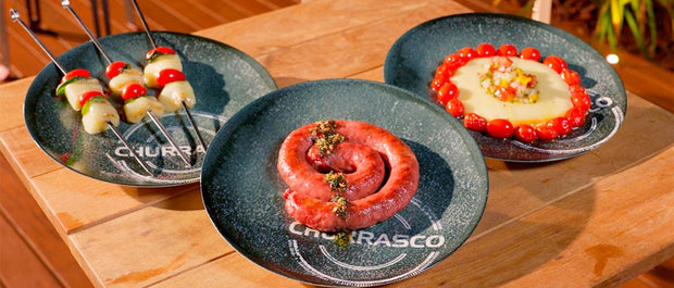Three easy barbecue starters with sausage, tomato, mozzarella and grilled provolone