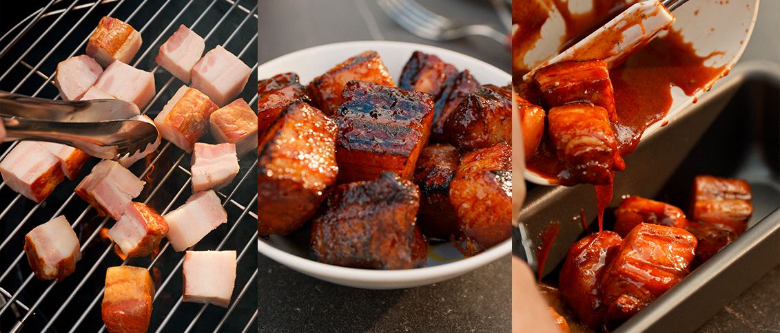 Sticky smoked and caramelised bacon bites glazed with honey and paprika