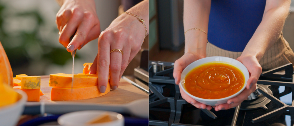 Pumpkin with its skin being chopped, beside a bowl of smooth orange pumpkin preserve
