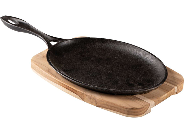 Tramontina Cast Iron Oval Sizzler Plate with Wooden Base 38.2 x 19.5 cm