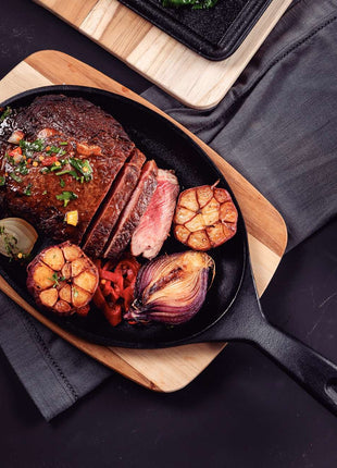 Tramontina Cast Iron Oval Sizzler Plate with Wooden Base 38.2 x 19.5 cm - Tramontina Store UK