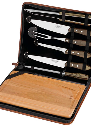 Tramontina Dishwasher-safe Wooden Handle 7 Pcs. Barbecue Set with Chopping Board in a Synthetic Leather Case - Tramontina Store UK