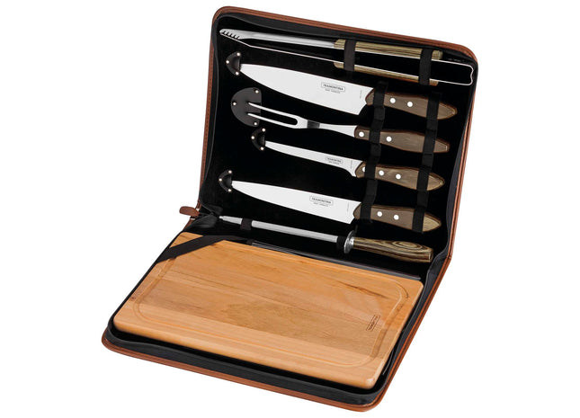 Tramontina Dishwasher-safe Wooden Handle 7 Pcs. Barbeque Set with Chopping Board in a Synthetic Leather Case