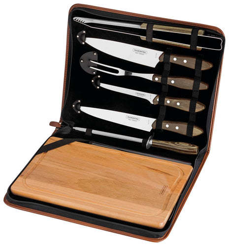 Tramontina Dishwasher-safe Wooden Handle 7 Pcs. Barbecue Set with Chopping Board in a Synthetic Leather Case - Tramontina Store UK