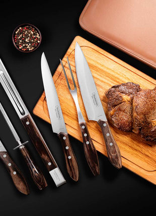 Tramontina Dishwasher-safe Wooden Handle 7 Pcs. Barbecue Set with Chopping Board in a Synthetic Leather Case - Tramontina Store UK