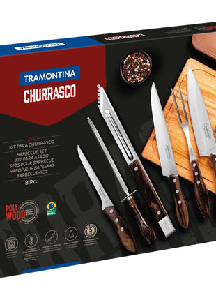 Tramontina Dishwasher-safe Wooden Handle 7 Pcs. Barbecue Set with Chopping Board in a Synthetic Leather Case - Tramontina Store UK