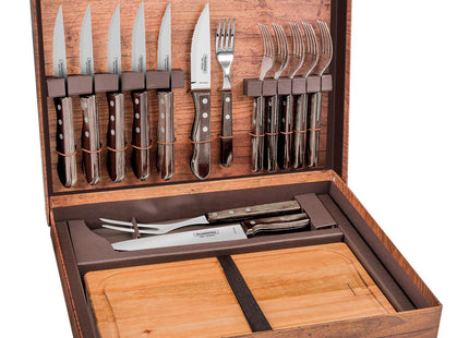 Tramontina Dishwasher-safe Wooden Handle 15 Pcs. Cutlery and Carving Set with Chopping Board in a Gift Case