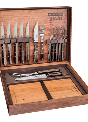 Tramontina Dishwasher-safe Wooden Handle 15 Pcs. Cutlery and Carving Set with Chopping Board in a Gift Case - Tramontina Store UK