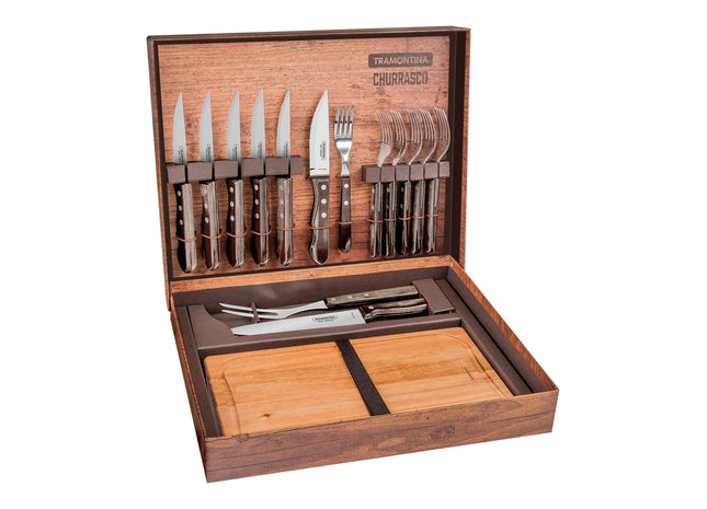 Tramontina Dishwasher-safe Wooden Handle 15 Pcs. Cutlery and Carving Set with Chopping Board in a Gift Case