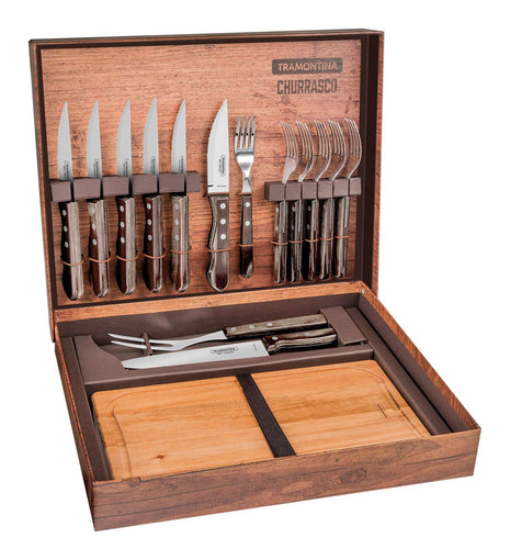 Tramontina Dishwasher-safe Wooden Handle 15 Pcs. Cutlery and Carving Set with Chopping Board in a Gift Case - Tramontina Store UK