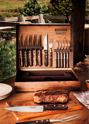 Tramontina Dishwasher-safe Wooden Handle 15 Pcs. Cutlery and Carving Set with Chopping Board in a Gift Case - Tramontina Store UK