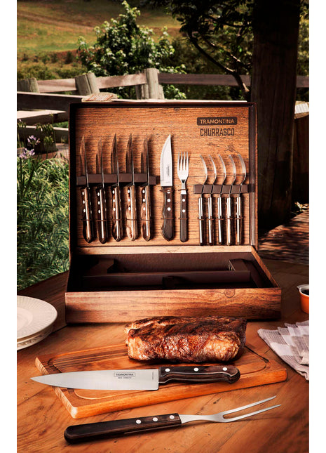 Tramontina Dishwasher-safe Wooden Handle 15 Pcs. Cutlery and Carving Set with Chopping Board in a Gift Case - Tramontina Store UK