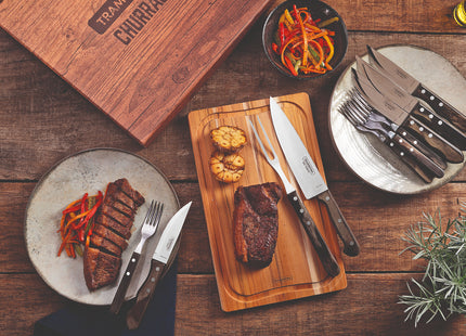 Tramontina Dishwasher-safe Wooden Handle 15 Pcs. Cutlery and Carving Set with Chopping Board in a Gift Case