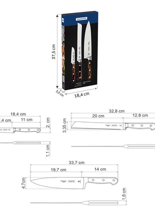 Tramontina Dishwasher-safe Wooden Handle 3 Pcs. Knife Set - Tramontina Store UK