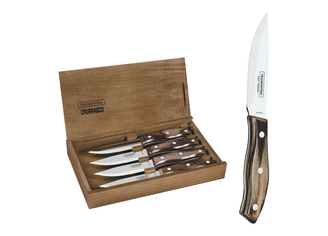 Tramontina Dishwasher-safe Wooden Handle 4 Pcs. Steak Knife Set in Wooden Box