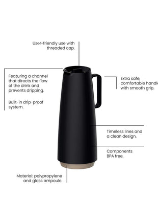 Tramontina Thermal Flask with Interior Glass Container (Black, 1.0l) - Tramontina Store UK