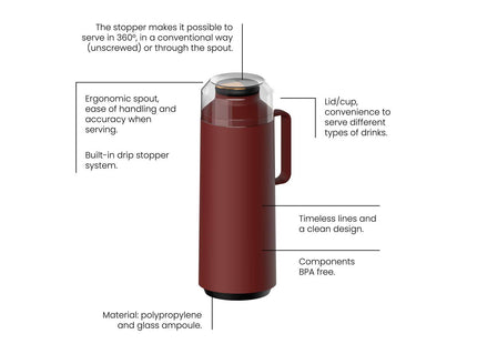 Tramontina Thermal Flask with Cup Lid and Interior Glass Container (Red, 1.0l)