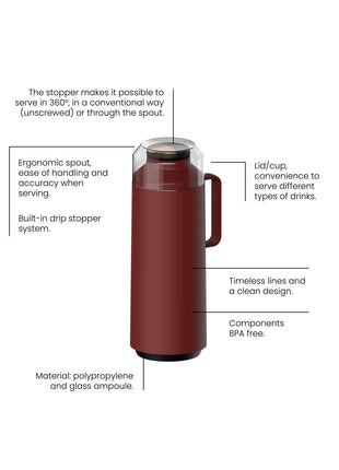 Tramontina Thermal Flask with Cup Lid and Interior Glass Container (Red, 1.0l) - Tramontina Store UK