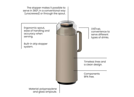 Tramontina Thermal Flask with Cup Lid and Interior Glass Container (Beige, 1.0l)
