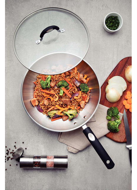 Tramontina Stainless Steel Wok with Glass Lid 28cm (3.3l) - Tramontina Store UK
